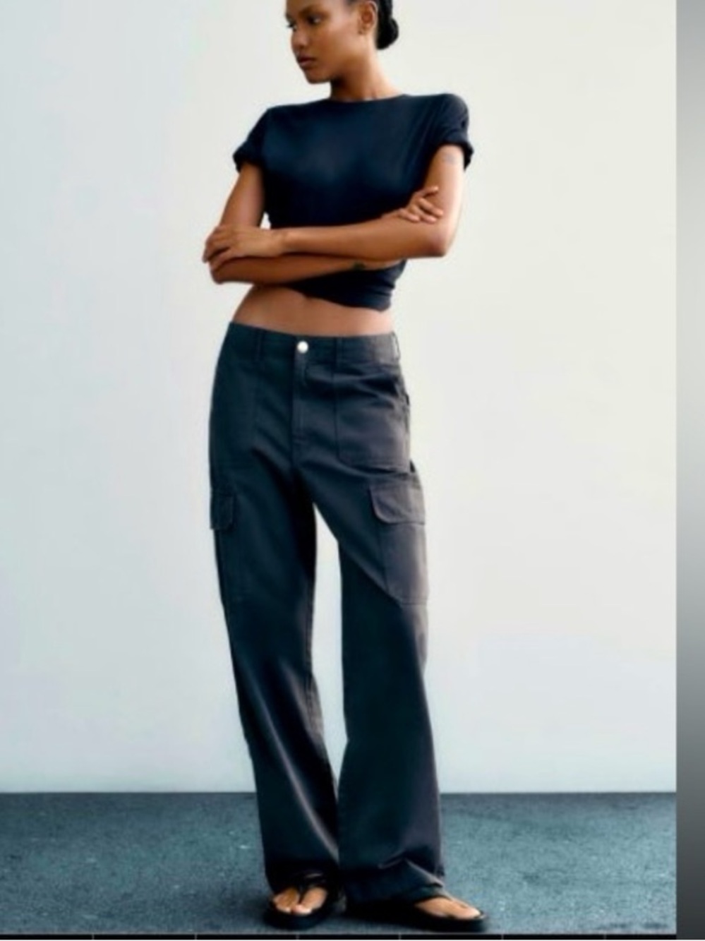 Zara Dark Ink Blue Straight Leg Soft Cotton Cargo Trousers Bloggers NWOT S/4